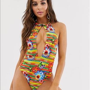 recycled wood detail halter plunge swimsuit